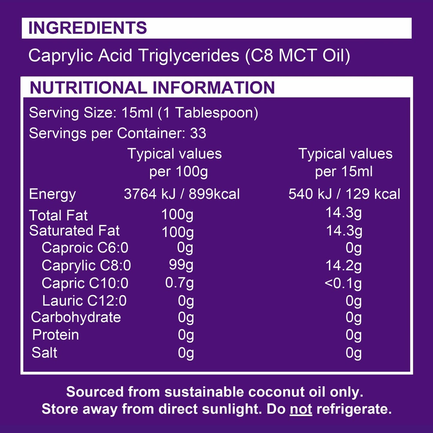 pure c8 mct oil ingredients and nutritional information